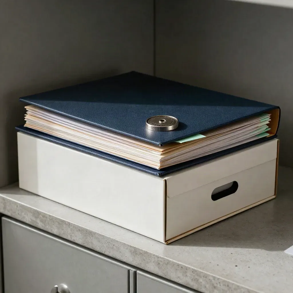 Policy folders, document box, and metal seal on concrete with mint tab, lit dramatically.