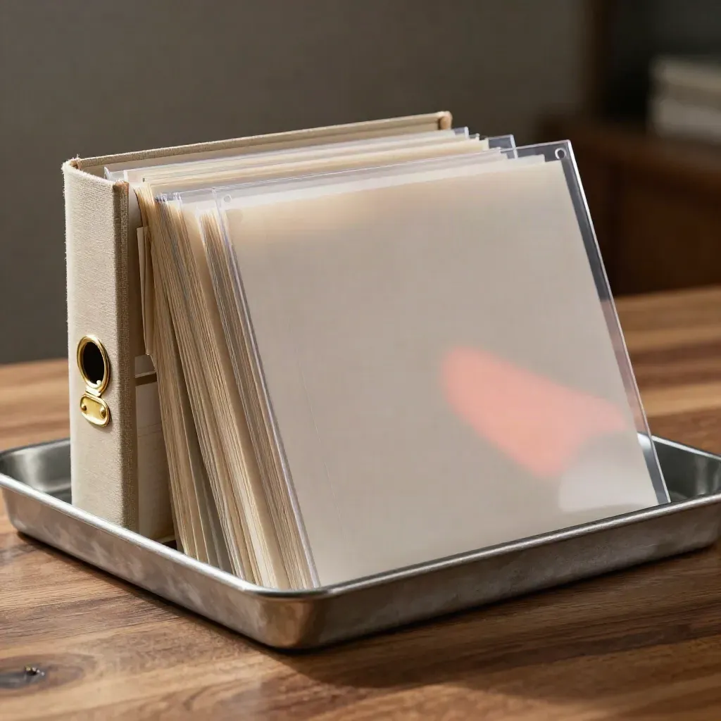 Binder and archival sleeves beside brass fasteners on a walnut surface