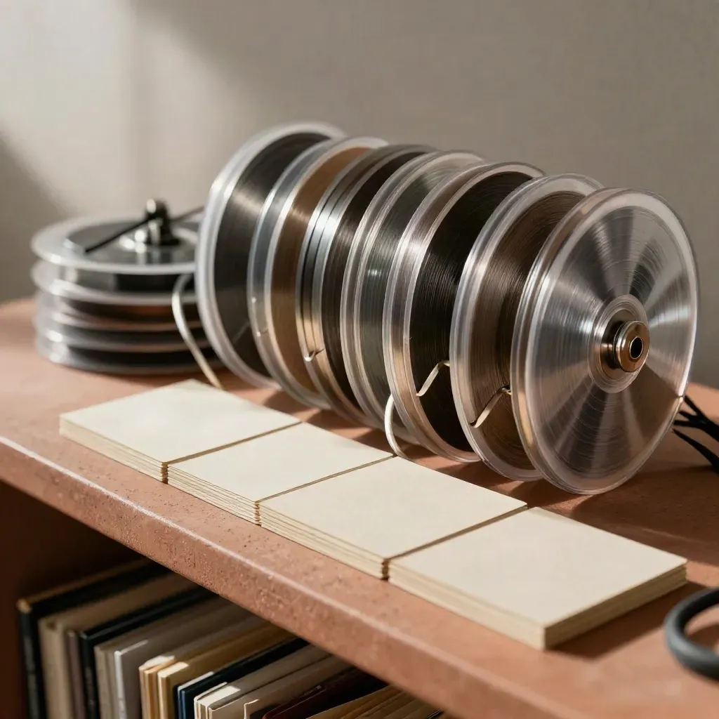 Macro still life of training badge reels, face-down sign-off cards and clip tabs on a terracotta shelf.