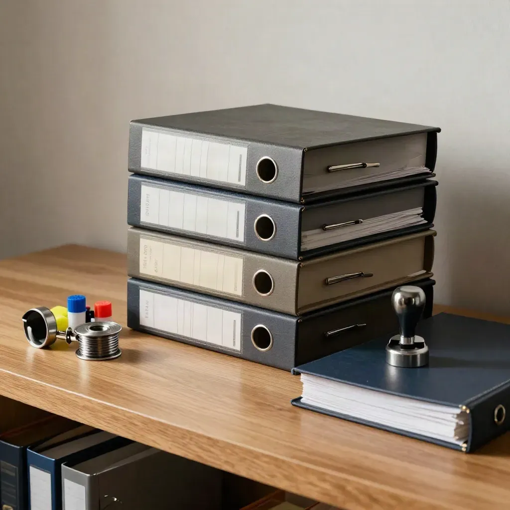 Audit binders, risk markers, badge reels and a control stamp in a premium compliance still life.