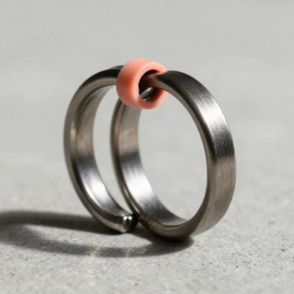 Macro still life of interlocked steel rings and a tiny cable coupling sleeve on cool stone.