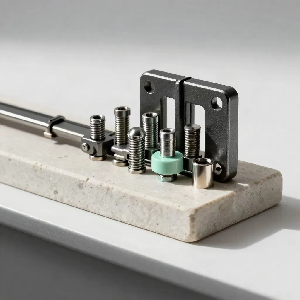 Machined brackets and pins on pale stone, a mint spacer, dramatic industrial still life.