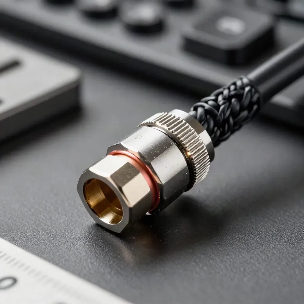 Macro of a braided cable end, split coupler, and hex-sleeve connector on a dark graphite surface.