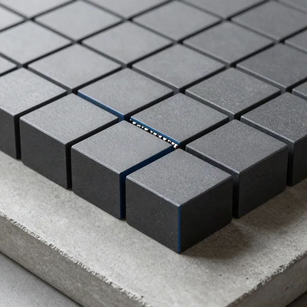 Matte graphite blocks and magnets tessellated on concrete, one seam still open.