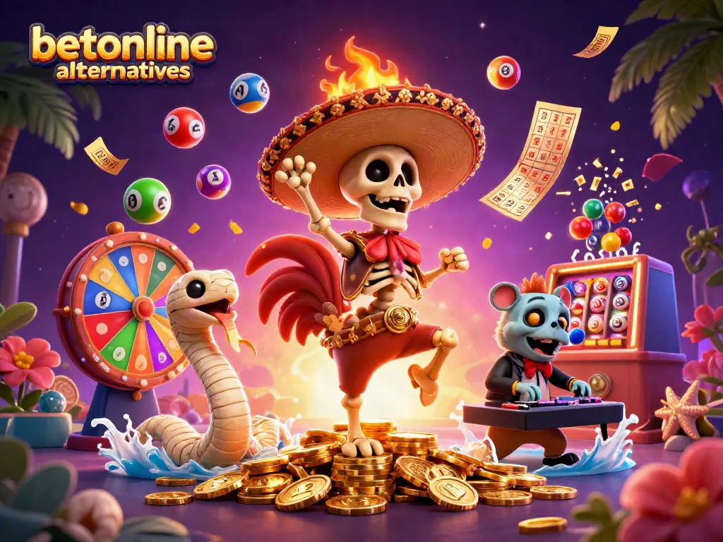 Celebrate with betonline alternatives as a mariachi rooster dances amidst golden coins and vibrant lottery elements.