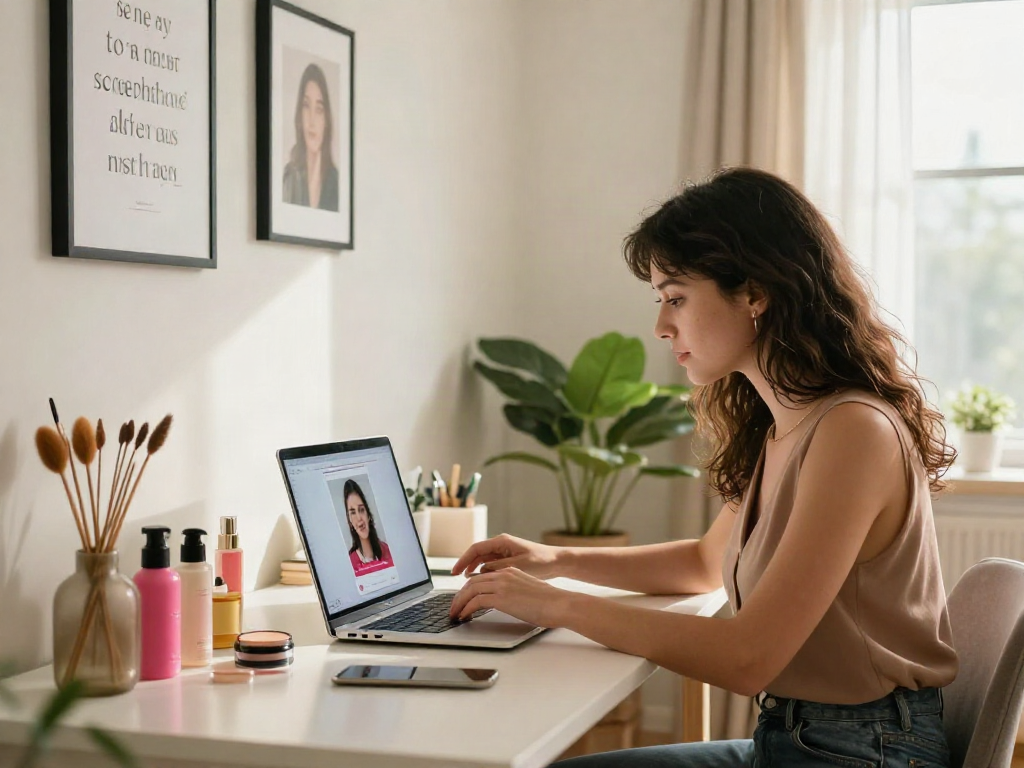 Taking an attractive test online in a modern home office setting with beauty products and natural light.
