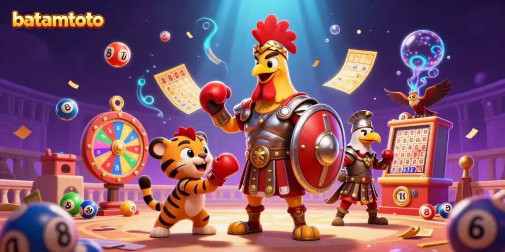 Experience the thrilling world of batamtoto with an engaging 3D illustration featuring a gladiator rooster and gambling elements.