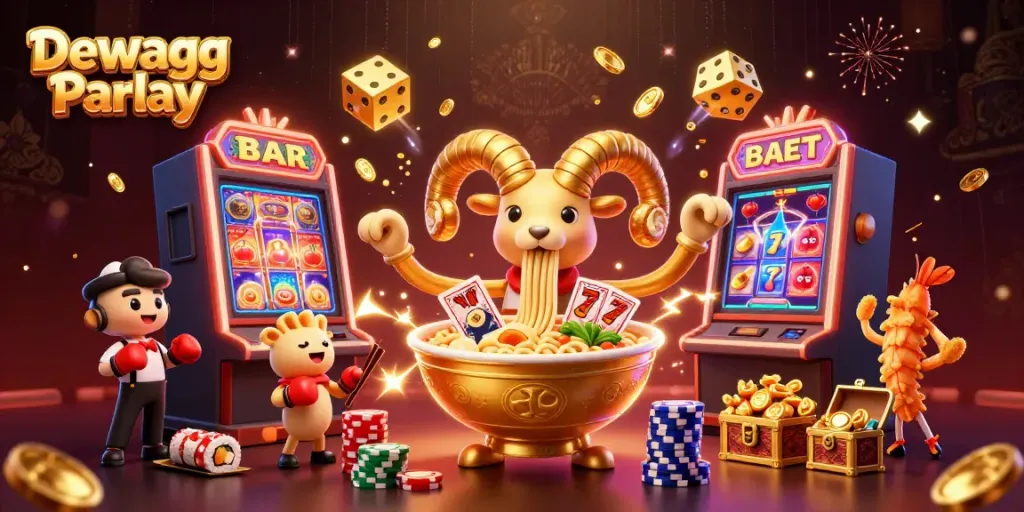 Experience Dewagg Parlay with a lively illustration showcasing colorful characters and vibrant casino elements.