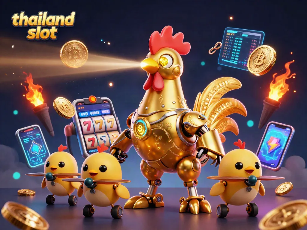 Spin the reels of thailand slot with a futuristic golden rooster robot in a vibrant casino scene.