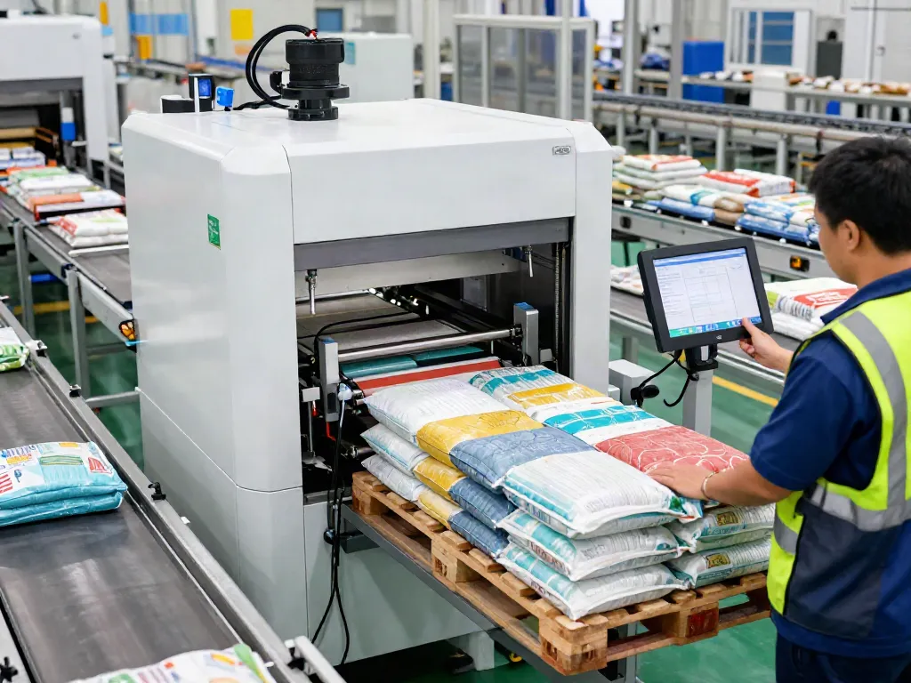 Automatic bag palletizer machine efficiently stacking bags in a modern manufacturing setting with an operator controlling the system.