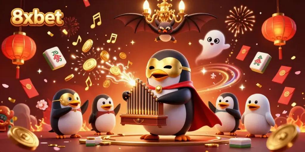 Engage with 8xbet's thrilling casino atmosphere featuring a cartoon penguin playing an organ of golden coins.