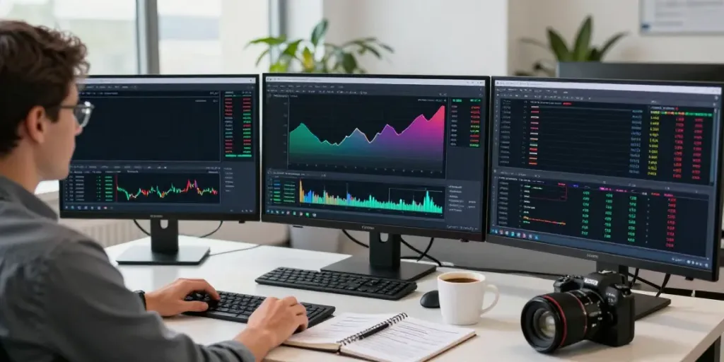 Trader using MetaTrader 5 with multiple monitors showing market analysis in a modern office.