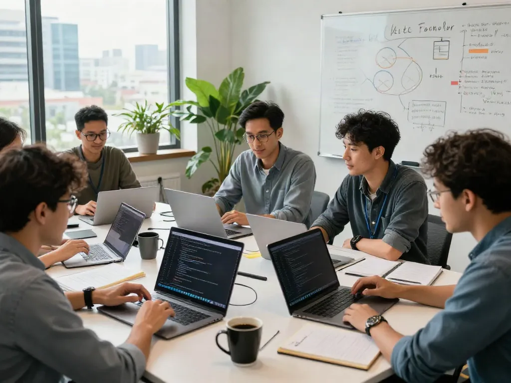 Tim pengembang berdiskusi cara penggunaan PGserver dalam pengembangan perangkat lunak di kantor modern.
