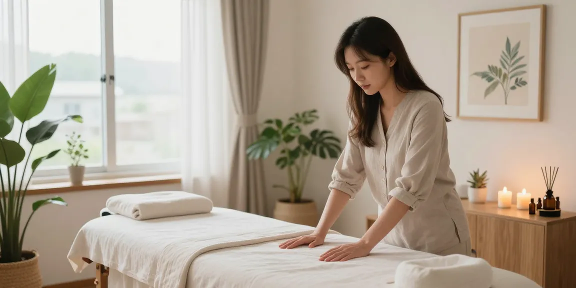 Experience tranquil 관악구출장안마 services with a professional young therapist preparing a serene massage environment in natural light.