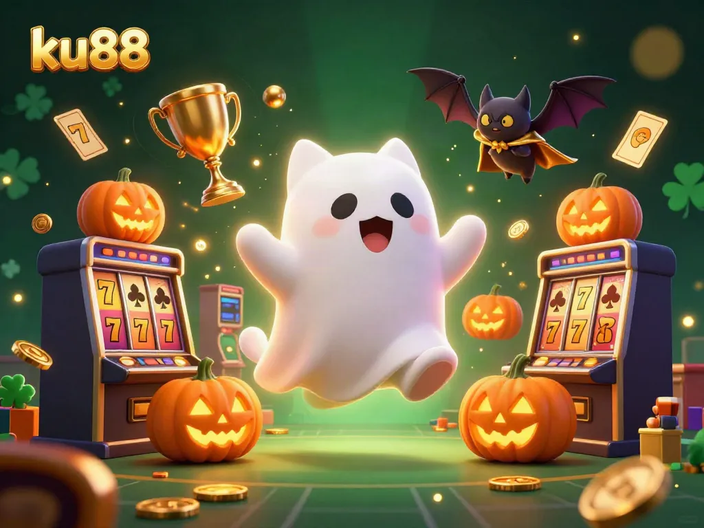Engage in thrilling gaming adventures with ku88 in this vibrant casino scene featuring a ghost cat and jackpot elements.