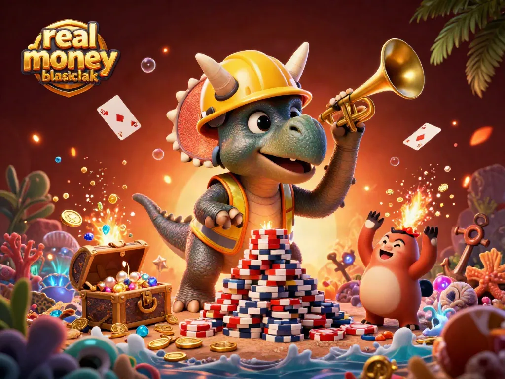 Play real money blackjack with excitement, featuring vibrant casino-themed characters and explosive elements.