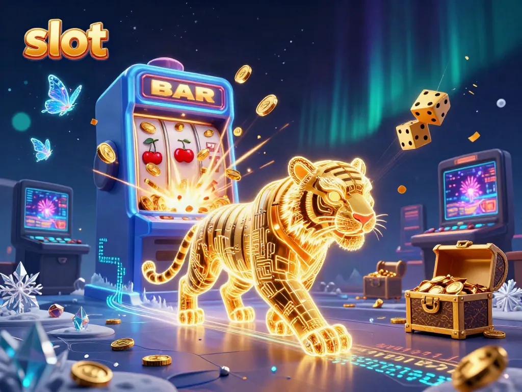 Slot yang memukau dengan tiger neon, mesin slot meletupkan koin emas di kasino digital.