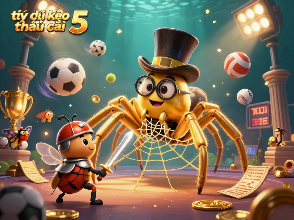 Betting on tỷ lệ kèo nhà cái 5 with a 3D illustration of energetic sports elements and characters.