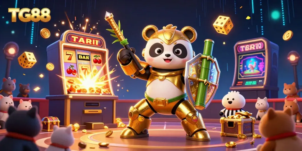 Engaging TG88 casino scene with golden panda in mech-suit participating in a vibrant jackpot celebration.