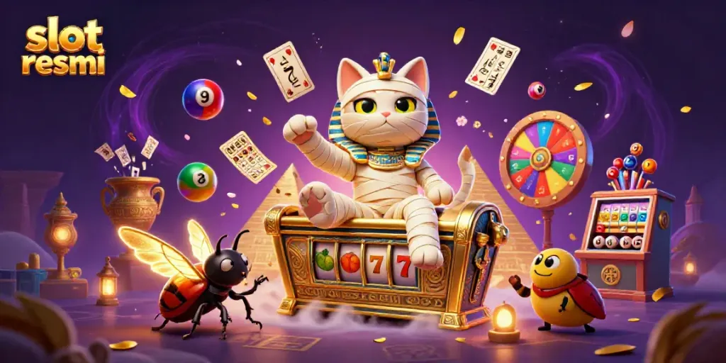 Engage in thrilling slot resmi action with a vibrant cartoon scene in a pyramid casino.