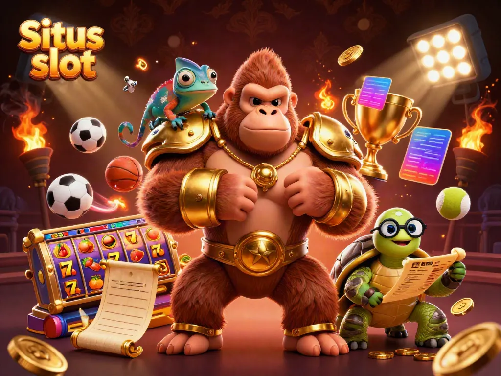 Engage with Situs slot through an exciting scene featuring vibrant 3D characters, slot reels, and gold elements.