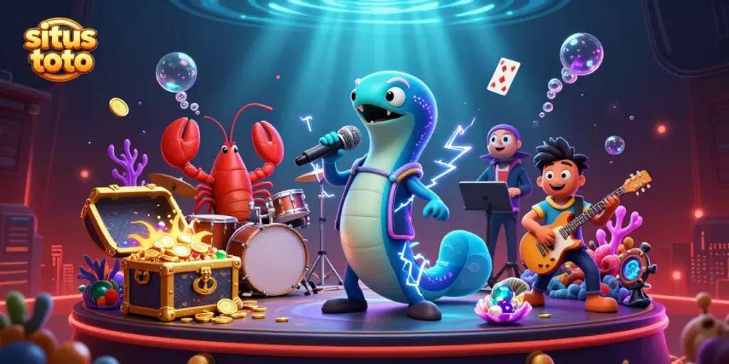 Engaging underwater scene showcasing a vibrant electric eel DJ, symbolizing situs toto and casino excitement.