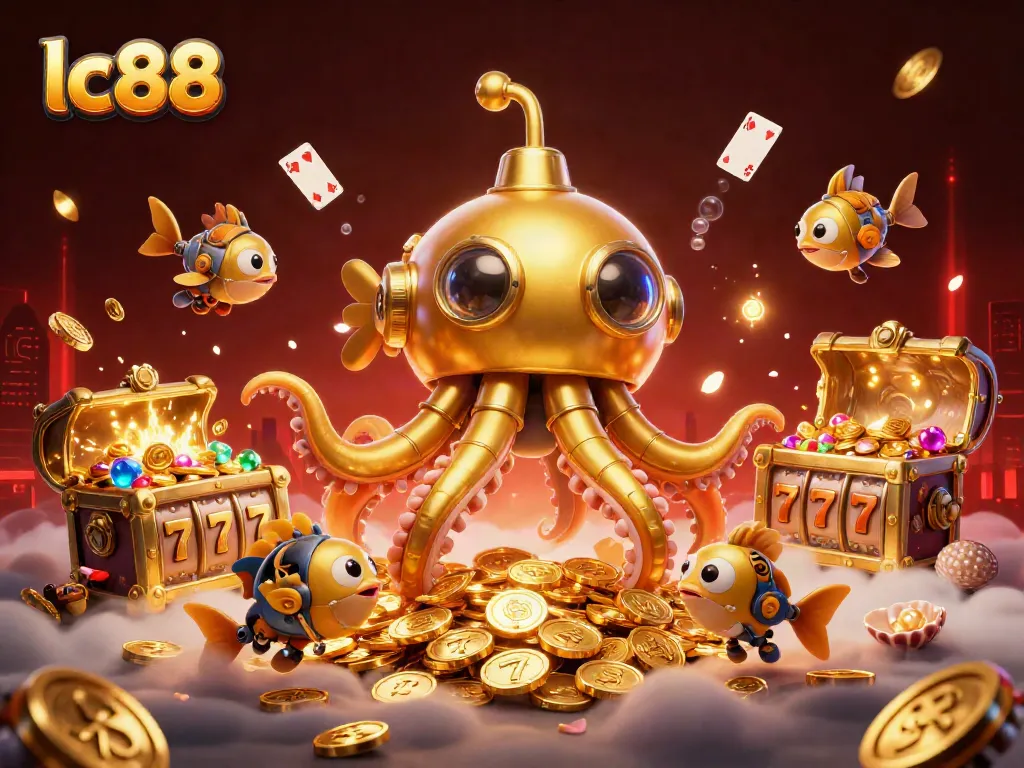 Engage with lc88's vibrant 3D casino scene featuring a golden kraken submarine amidst rich treasures.