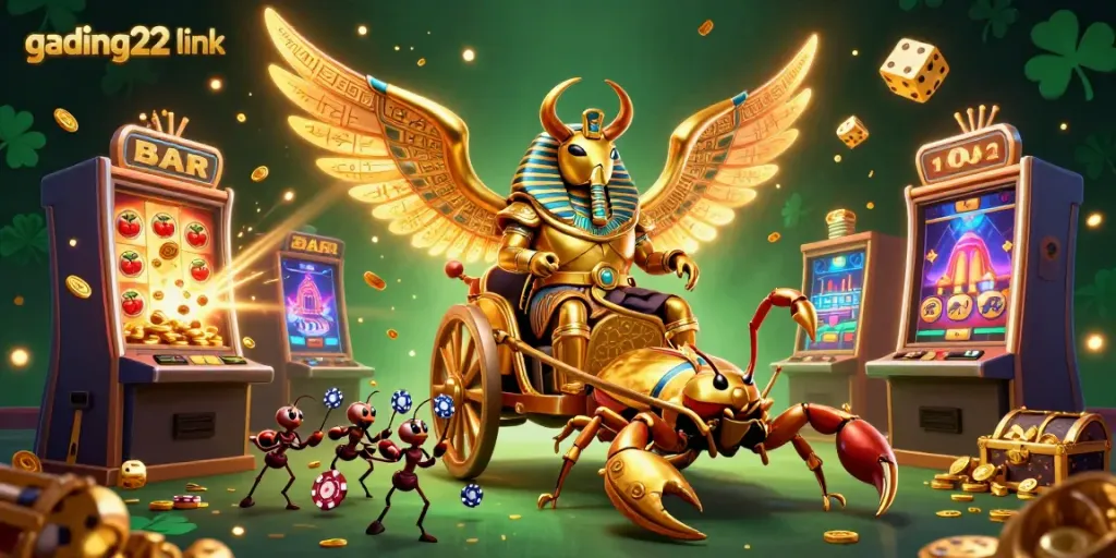 Engage with the thrilling gading22 link experience, featuring a golden scarab beetle and dynamic casino elements.