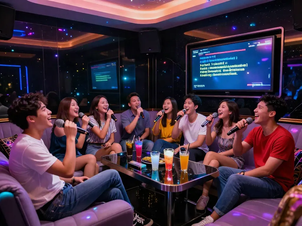 강남 달리는토끼의 사교적인 분위기의 가라오케 룸, 친구들이 노래를 부르며 즐겁게 시간을 보내는 모습