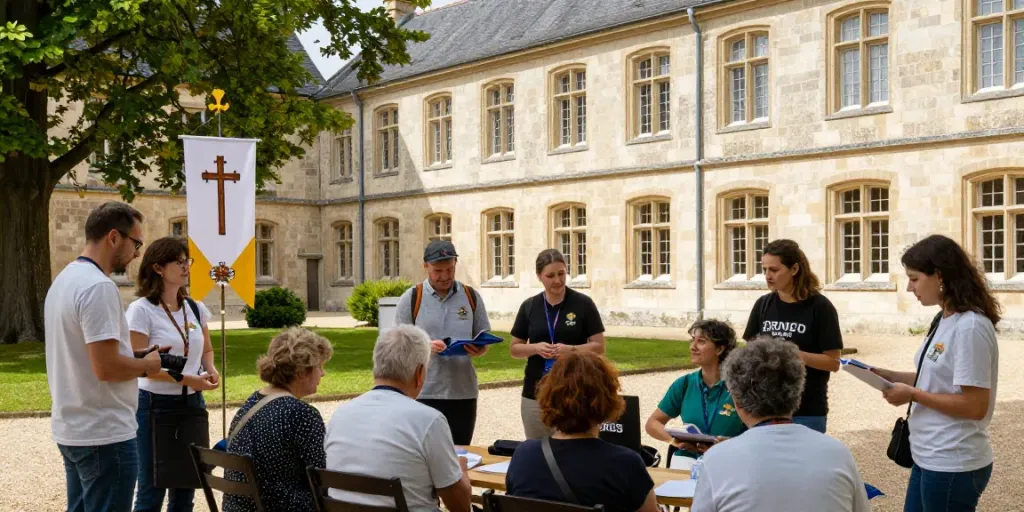 Scène de solidarité avec l'Ordre militaire et hospitalier de Saint-Lazare de Jérusalem, montrant des bénévoles en action.