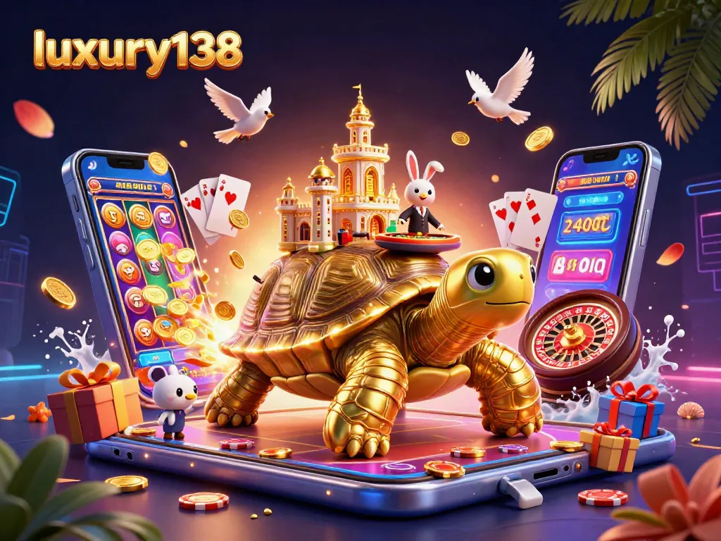 Engage with luxury138's vibrant gaming universe featuring a golden tortoise casino and playful dealer.