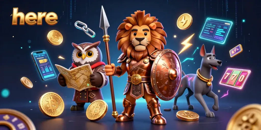 Engage in thrilling games here with a Spartan lion and a tactical owl amidst vibrant casino elements.