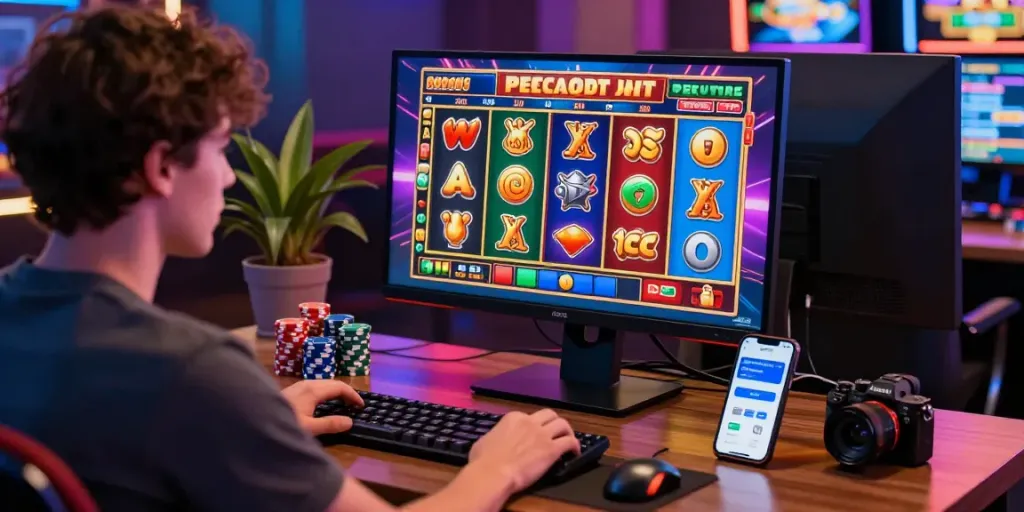 Exciting online gaming scene featuring a player enjoying slot jackpot games and vibrant visuals.