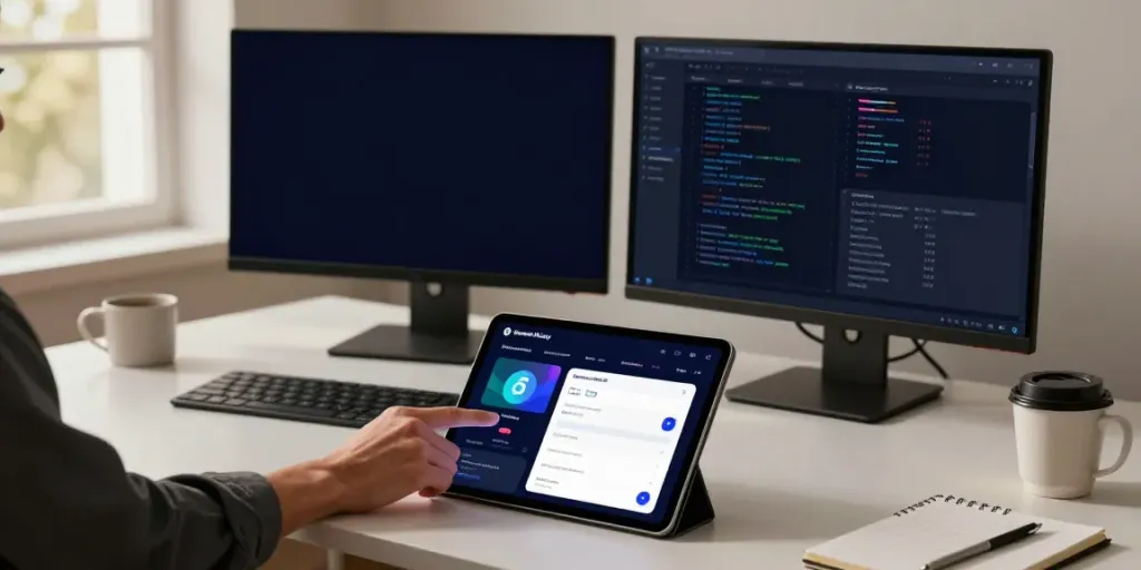 Interactive demonstration of the Internet Money app on a sleek workspace displaying cryptocurrency management features.