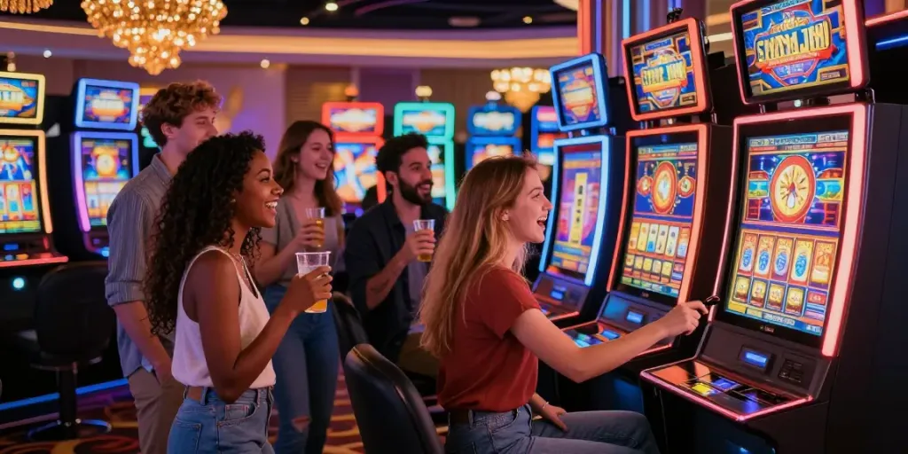 Friends enjoying สล็อต games at a lively casino, surrounded by colorful slot machines and bright lights.