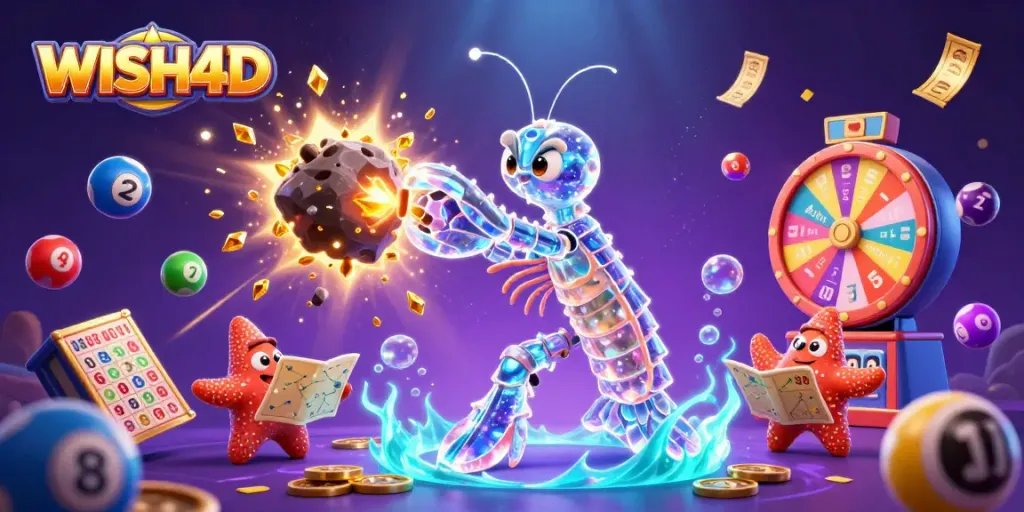 Experience WISH4D with a colorful casino scene showcasing vibrant games, golden prizes, and dynamic lottery elements.