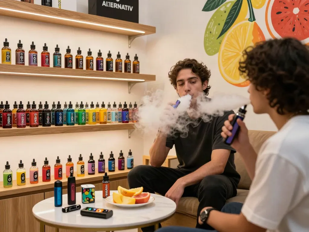 Enjoy flavorful alternativ ejuice in a modern vape lounge with vibrant decor.