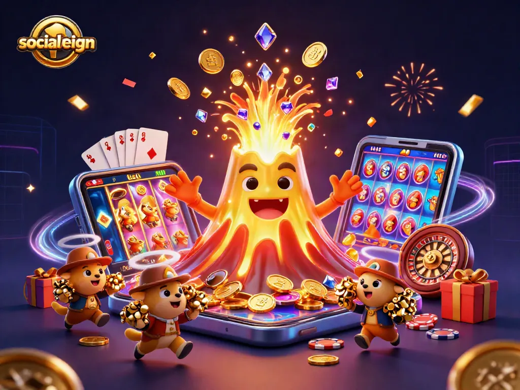 Experience the thrill of socialreign with a vibrant illustration of a volcano erupting coins and treasures.