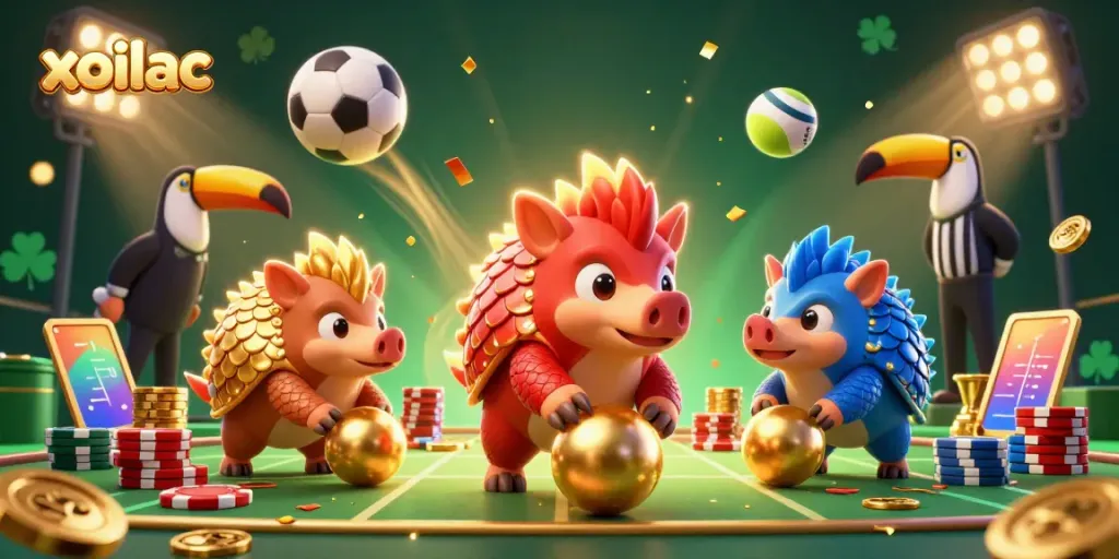 Experience the excitement of XOILAC through vibrant pangolins, poker chips, and thrilling sports elements.