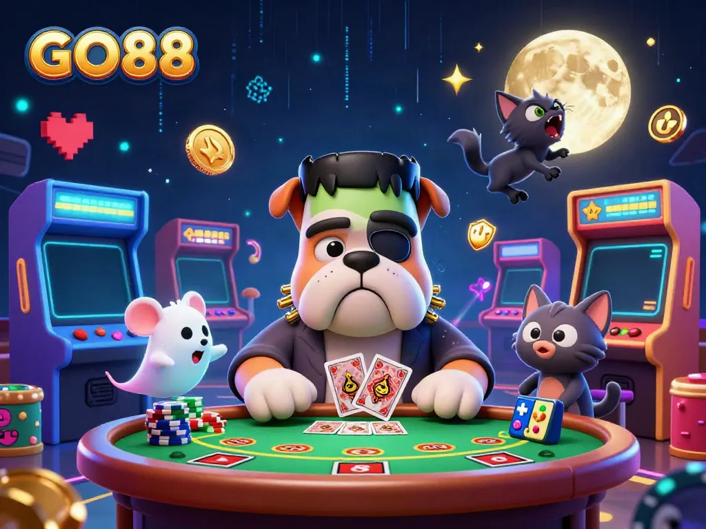 Engage in thrilling card games at GO88 with our animated casino characters in a vibrant digital illustration.