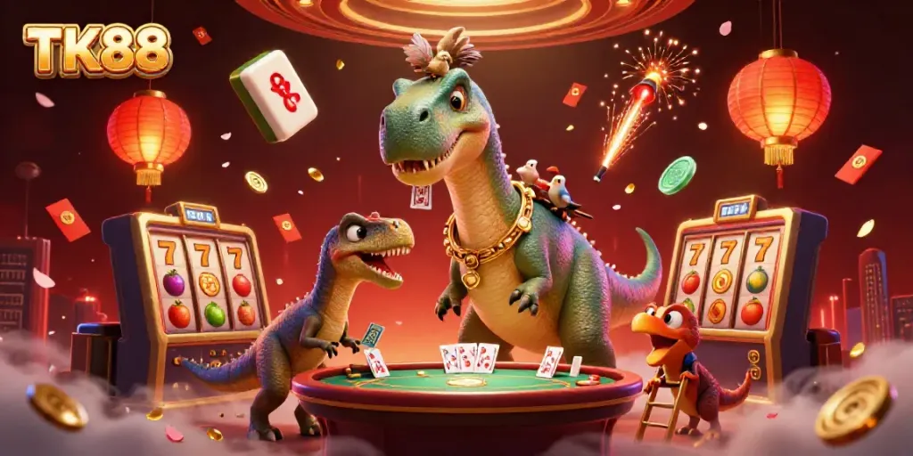 Witness thrilling gameplay at TK88 casino with a vibrant scene featuring a giant brontosaurus and card-dealing raptor.