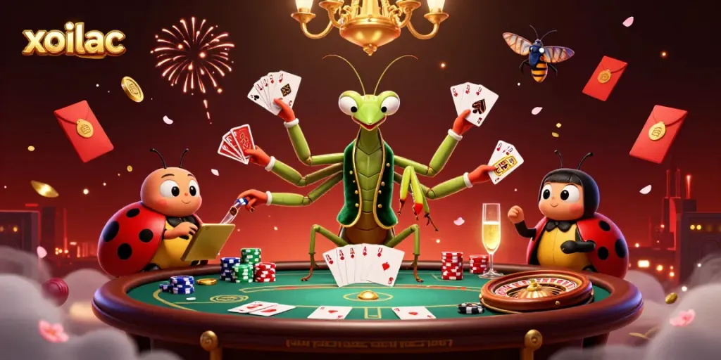 Xoilac features a vibrant casino scene with a mantis card sharp and ladybug pit boss surrounded by gaming elements.