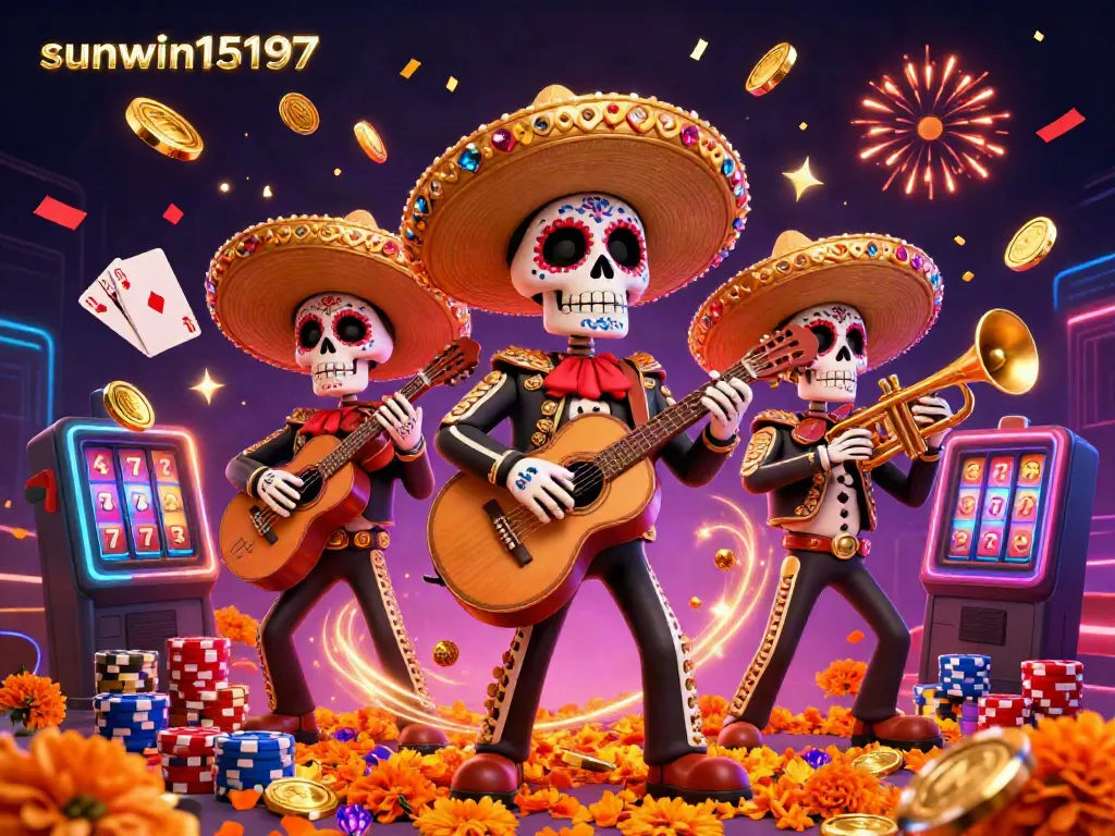 Experience thrilling gameplay at sunwin15197 with vibrant Dia de los Muertos mariachi characters surrounded by casino-themed elements.