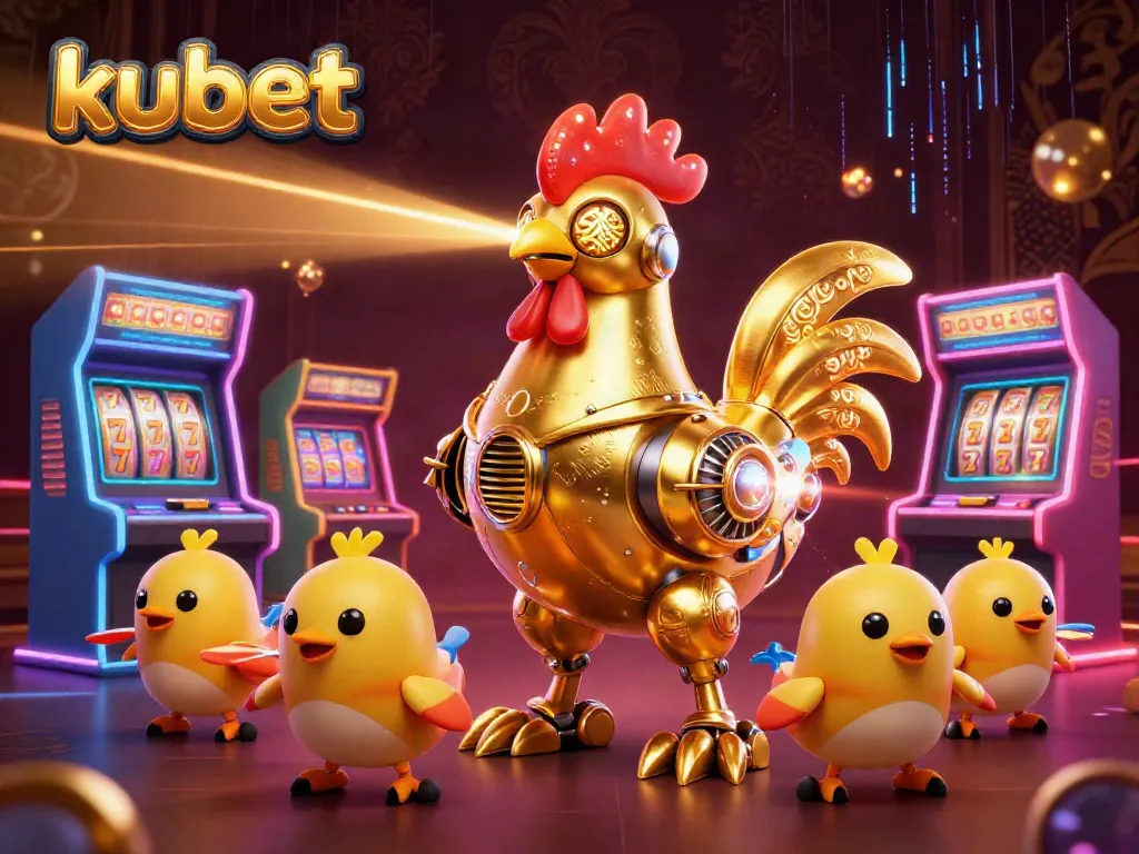 Kubet features dynamic gaming elements with a golden rooster robot, showcasing vibrant casino action.