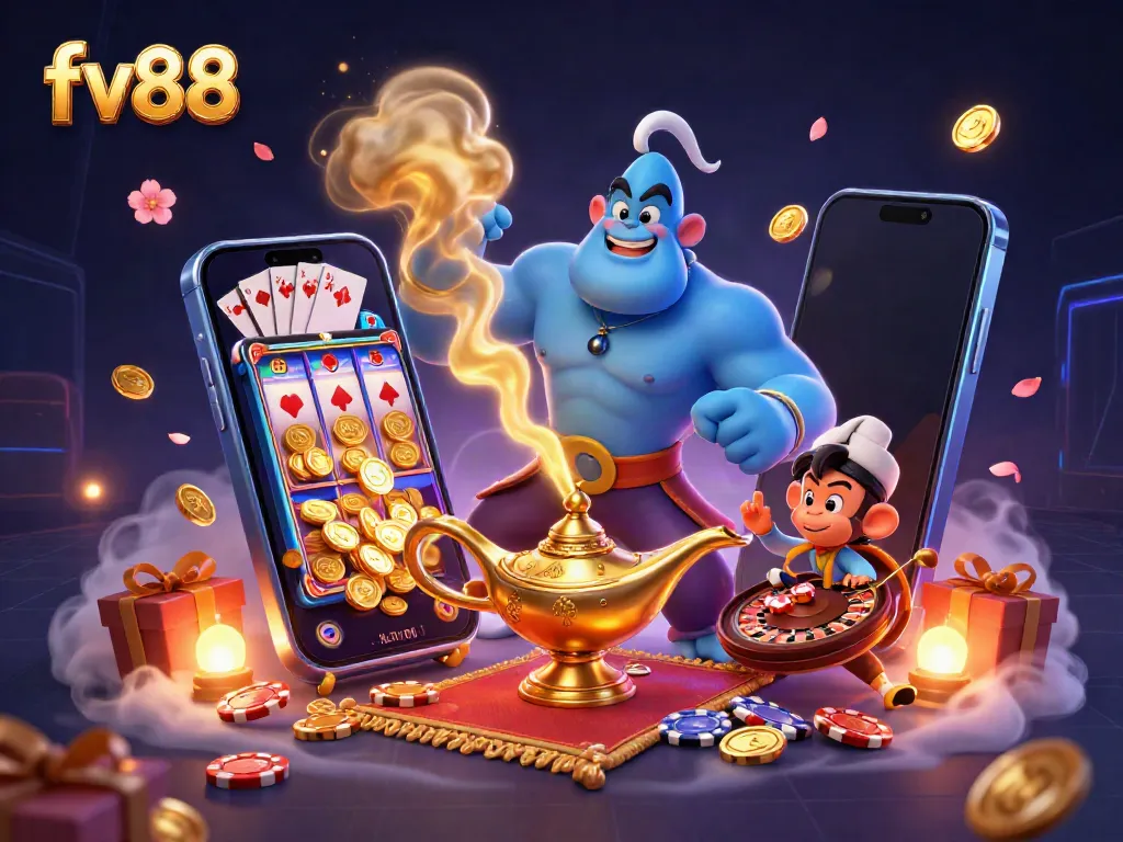 Experience thrilling gaming action with fv88's vibrant casino elements and festive characters.