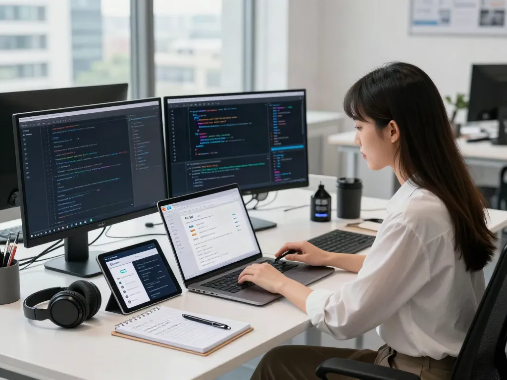 Professional reviewing what Google did to me on multiple screens in a bright tech workspace.