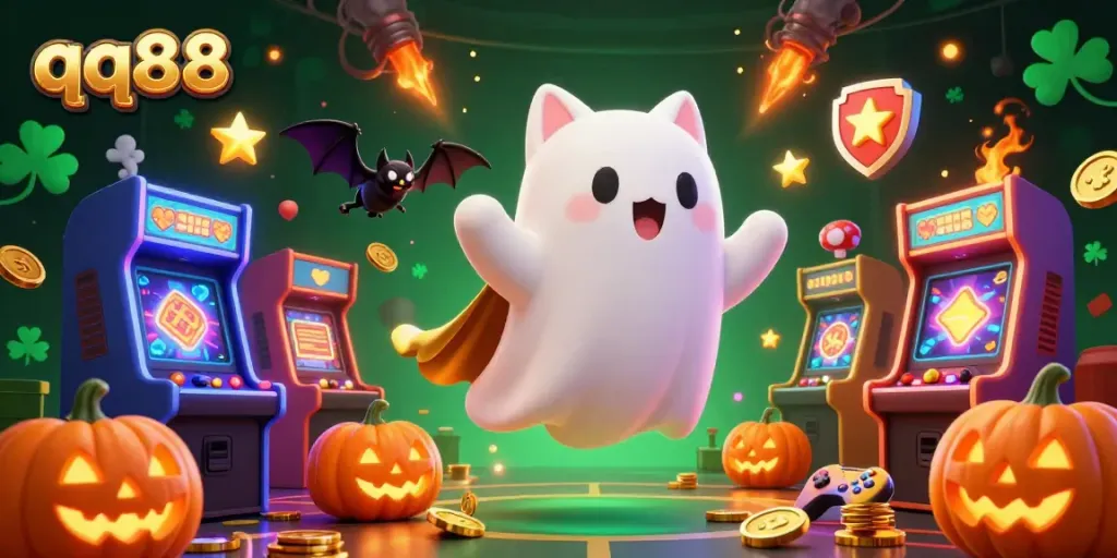 Engage with qq88 in this vibrant casino illustration featuring a floating ghost cat and a bat.