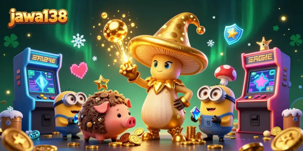 Experience exciting wins with jawa138, featuring a magical scene of a wizard and treasures in a vibrant casino landscape.