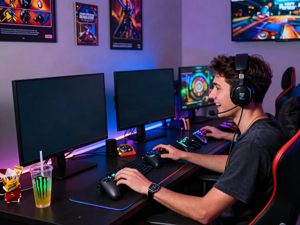 Engaged player experiencing qqmacan login in an immersive gaming setup, showcasing vibrant slot games and modern gaming gear.