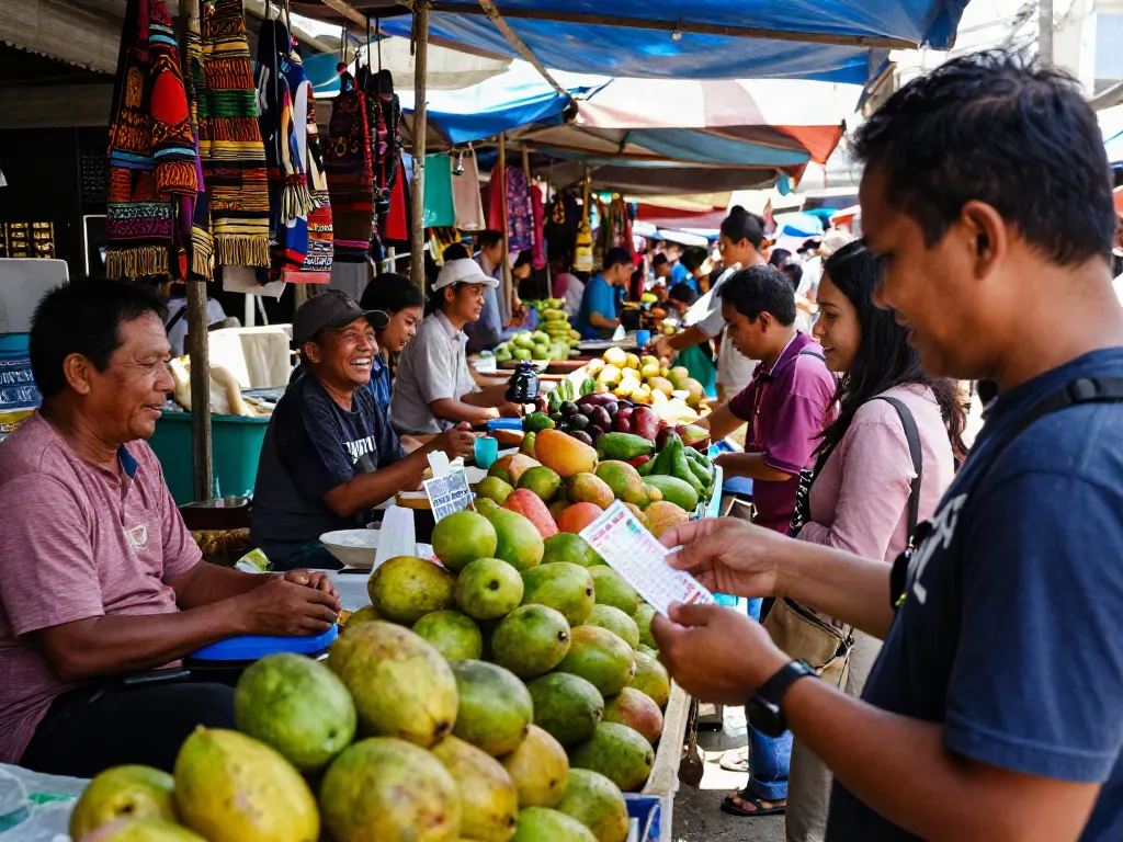 Atmosfer pasar lokal di Indonesia dengan tiket toto togel di tangan.